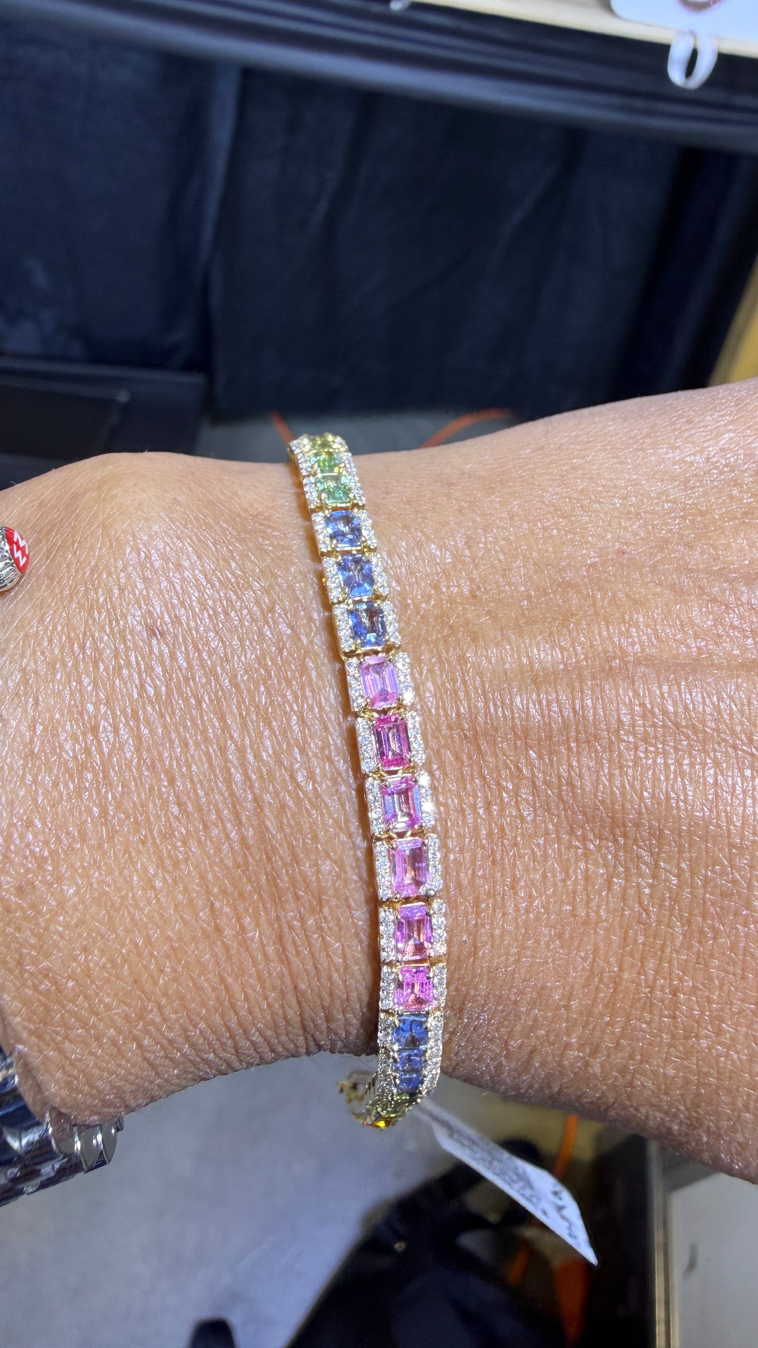 14k Yellow Gold Bracelet With Emerald Cut Rainbow Sapphires 7 inches