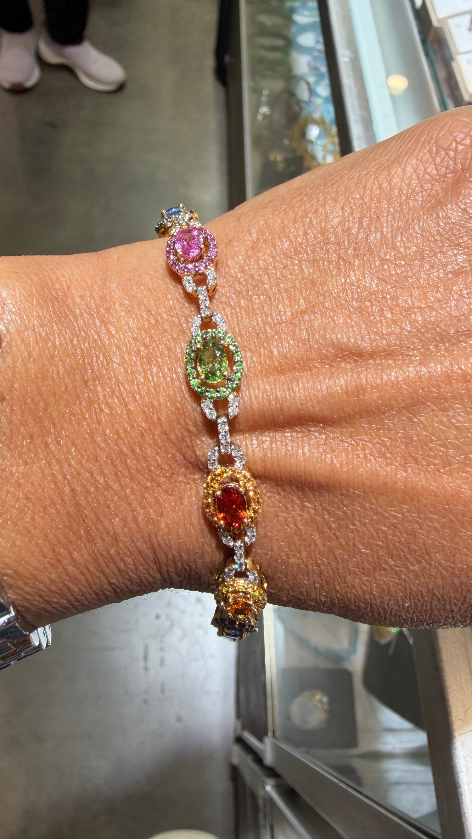 14k Yellow Gold Statement Bracelet With Rainbow Sapphires And Diamonds 7 inches