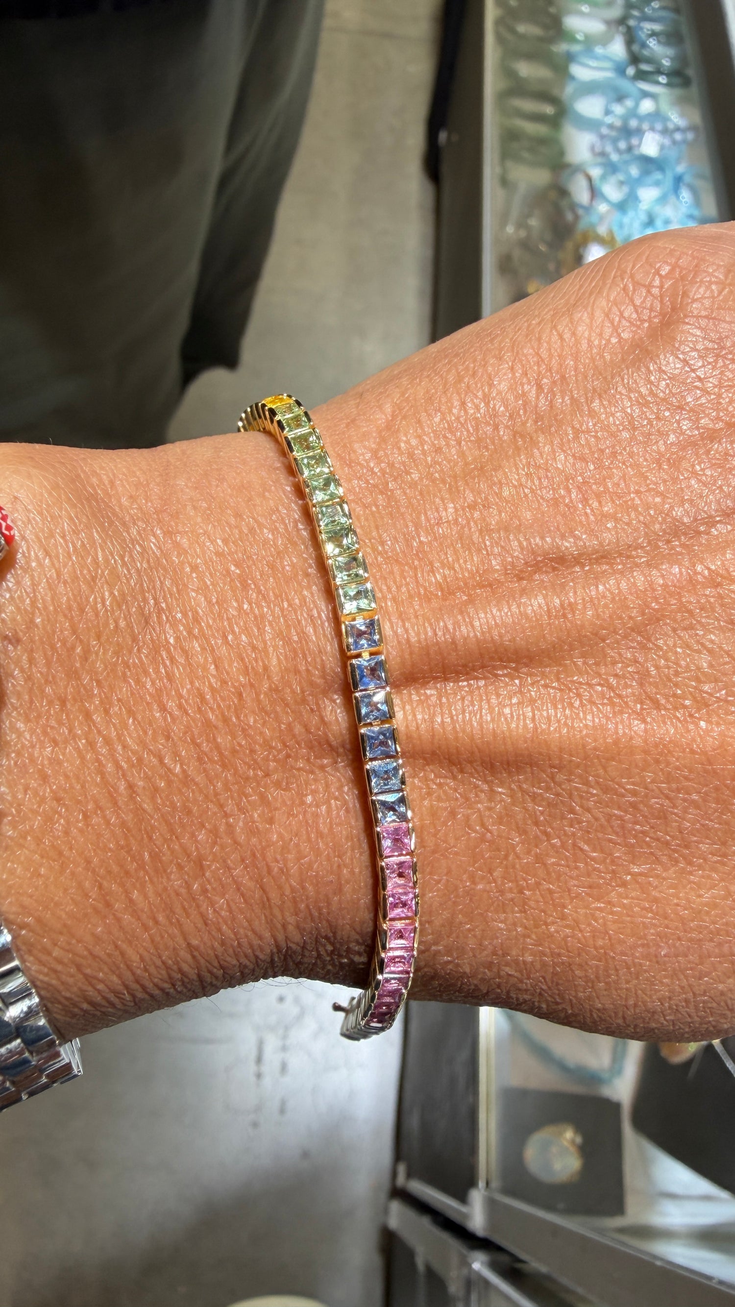 SHOW SPECIAL!!! 14k Gold Filled Bracelet With Princess Cut Rainbow Sapphires 7 inches