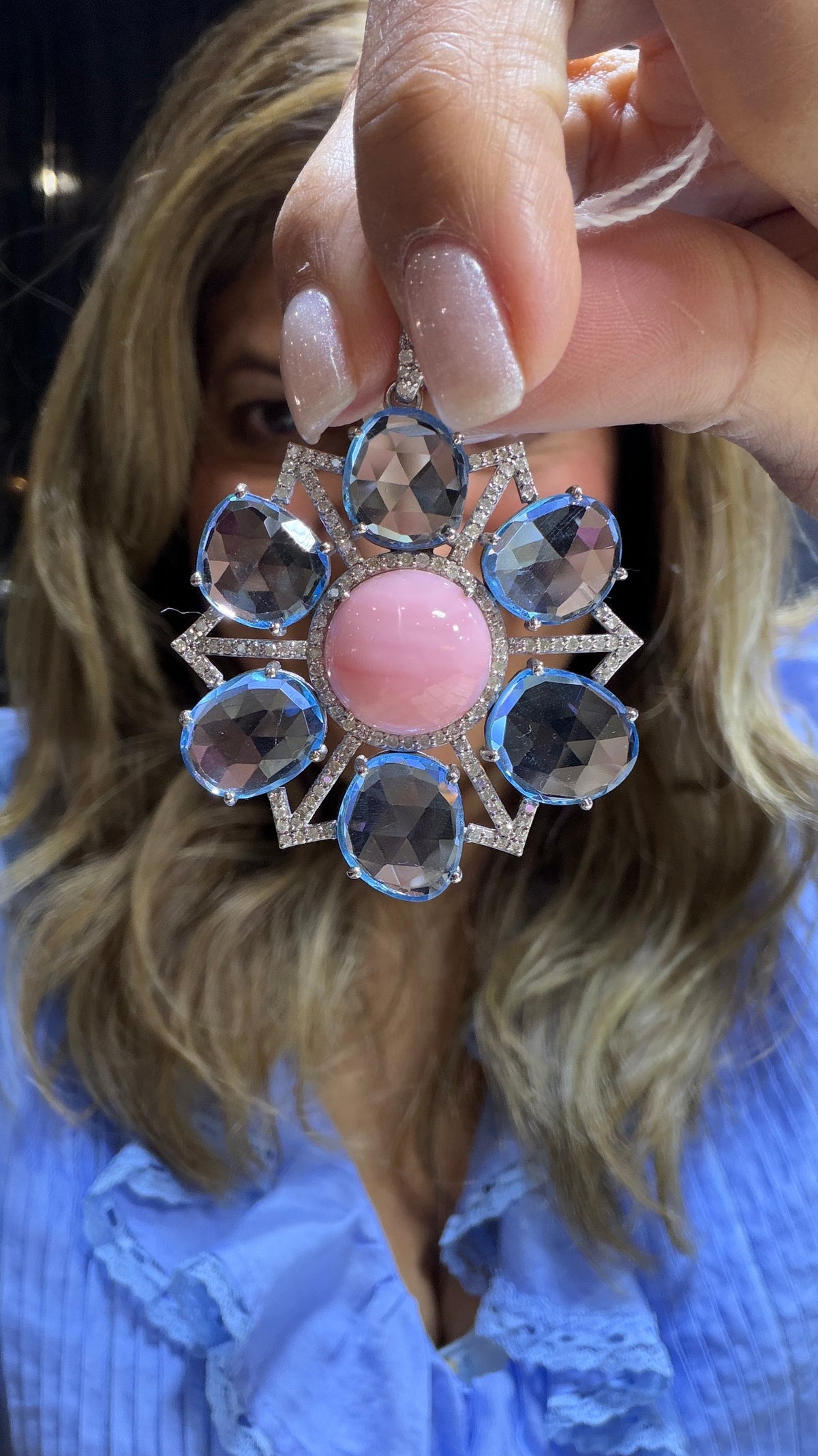 Sterling Silver Pendant With Swiss Blue Topaz And Pink Opal