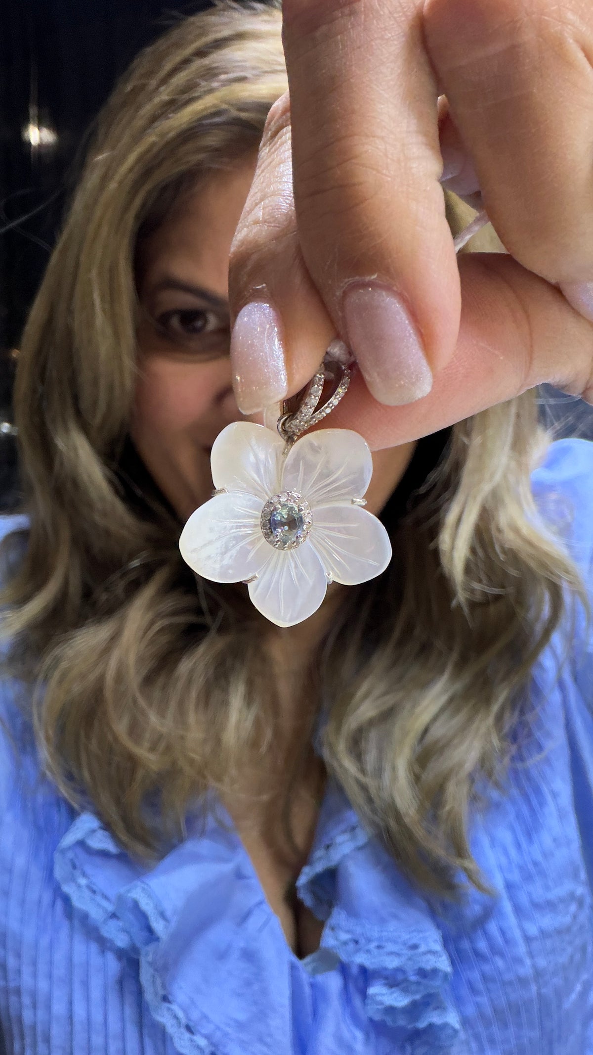 Sterling Silver Pendant With Mother Of Pearl And Aquamarine