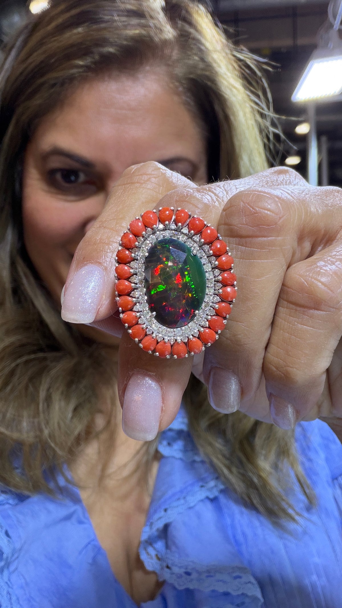 Sterling Silver Ring With Black Opal And Coral Size 7