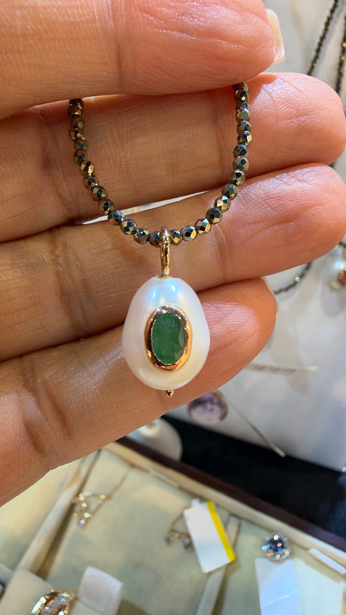 14k Yellow Gold Pendant With Pearl And Emerald