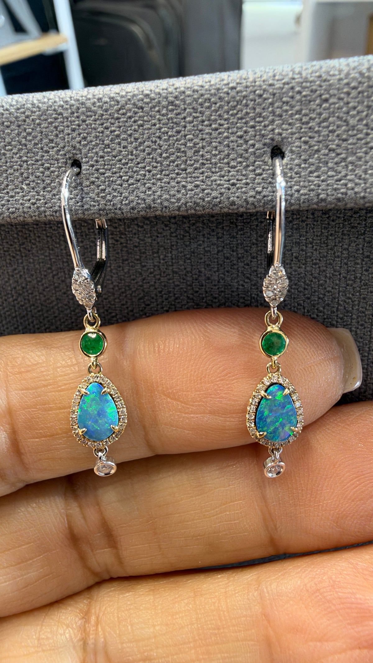 14k White Gold Earrings With Australian Opal And Emerald