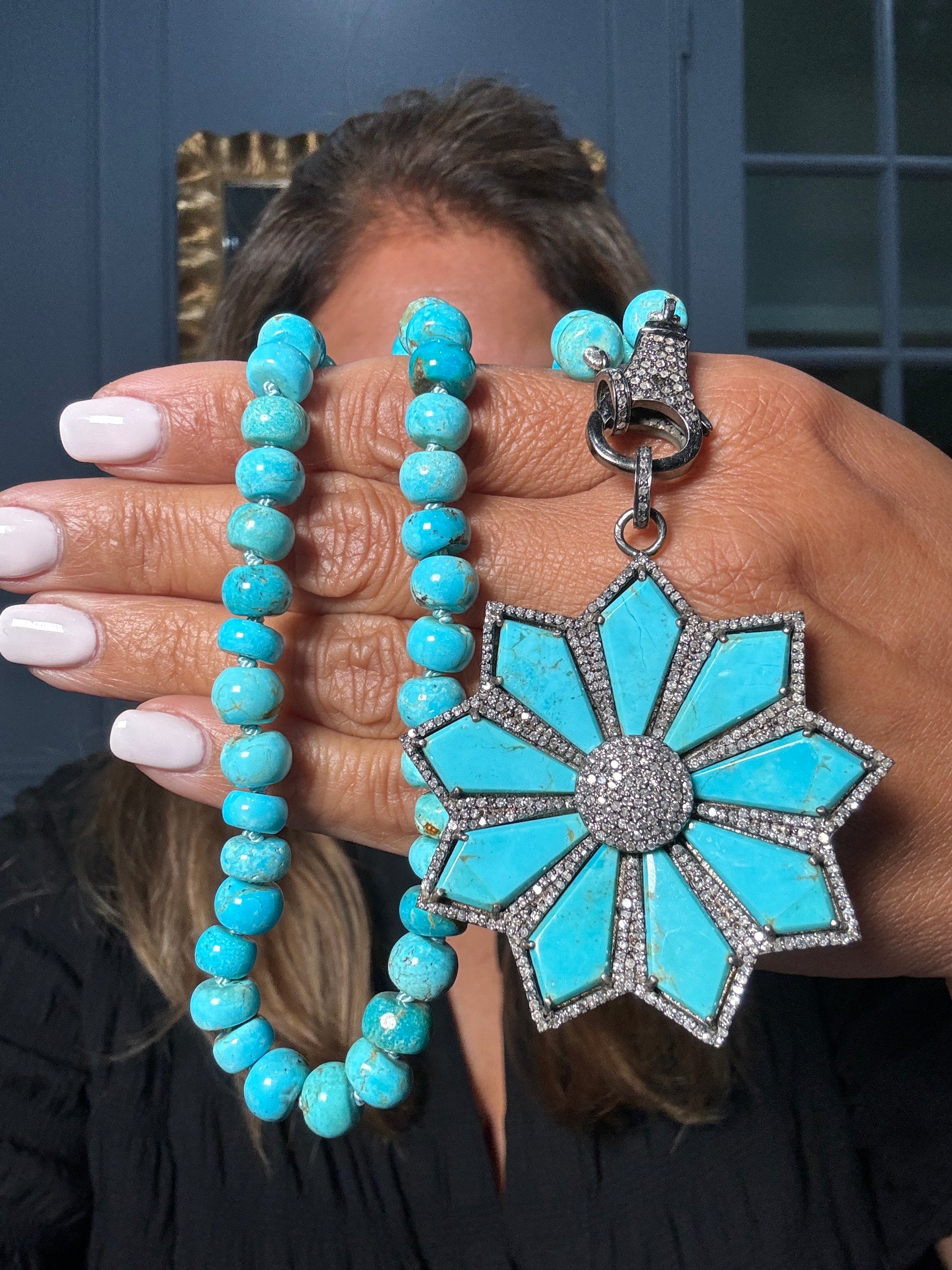 21" Iron Mountain Blue Turquoise Necklace with Diamond Clasp & Kingman Turquoise Burst Pendant | Ulka Rocks