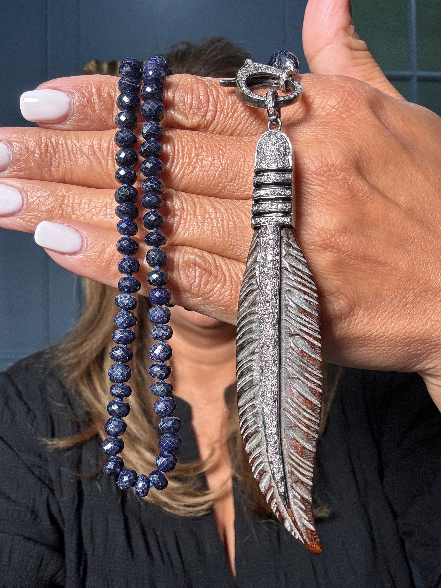 24" Blue Blue Sapphire Necklace with Diamond Clasp & Carved Horn Feather Pendant | Ulka Rocks