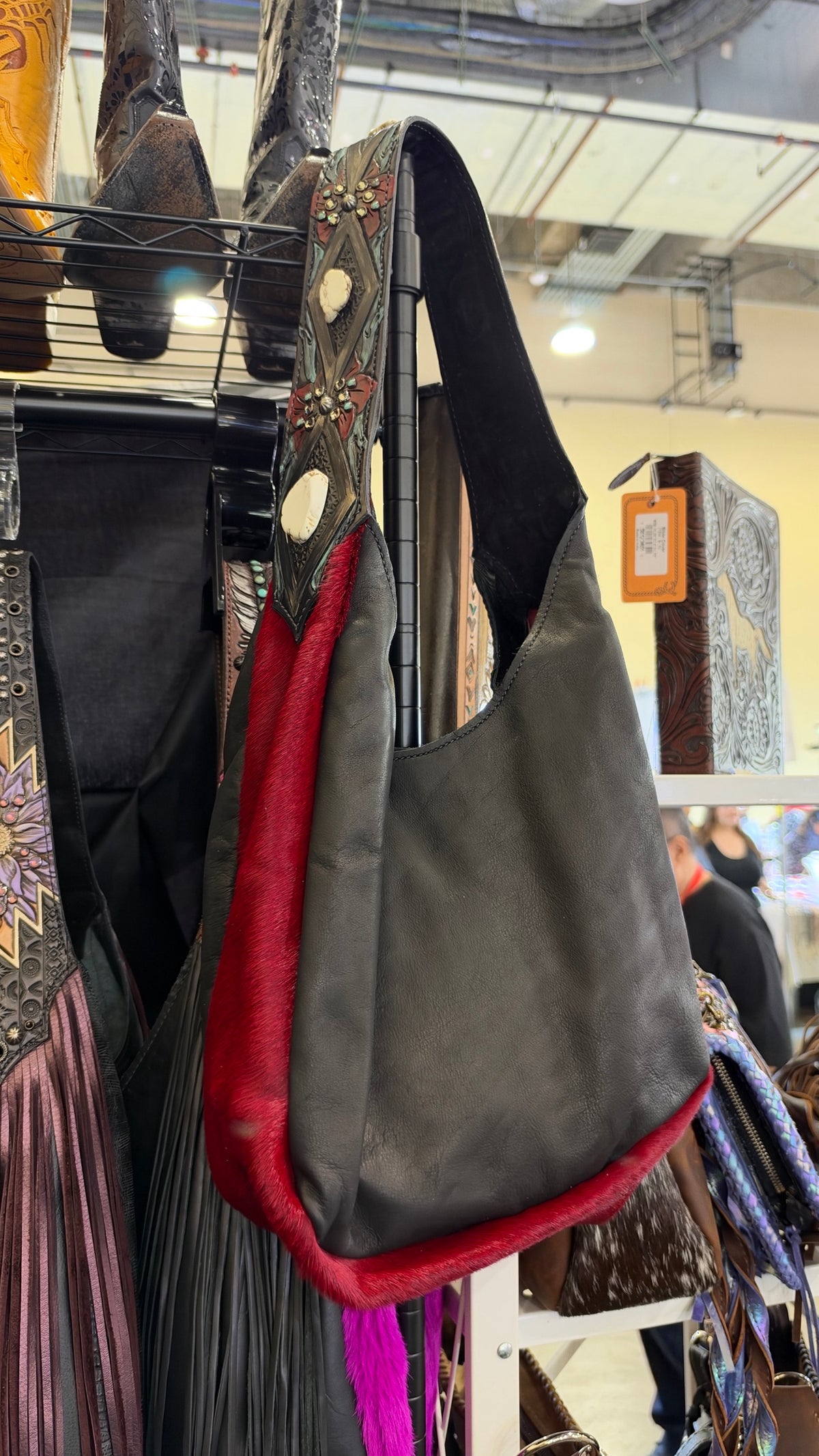 Heritage Brand Marilyn bag No. 2360, black leather with red hair-on-hide and white stone tooled strap