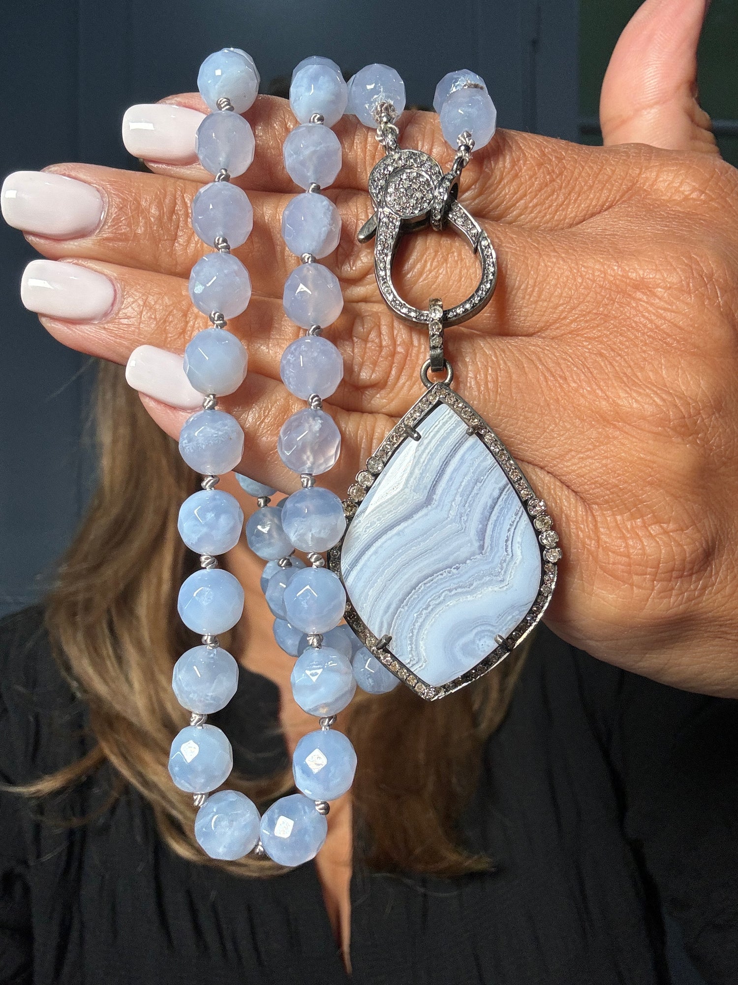 30" Blue Lace Blue Agate Necklace with Diamond Clasp & Blue Lace Agate Pendant | Ulka Rocks