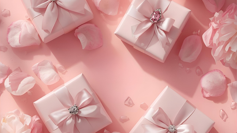 Promotional graphic for gemstone jewelry for bridesmaids with text and images of jewelry boxes.