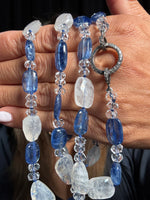 34" Kyanite, Blue Moonstone & Herkimer Necklace with Diamond Pave Silver Enhancer Clasp | Ulka Rocks