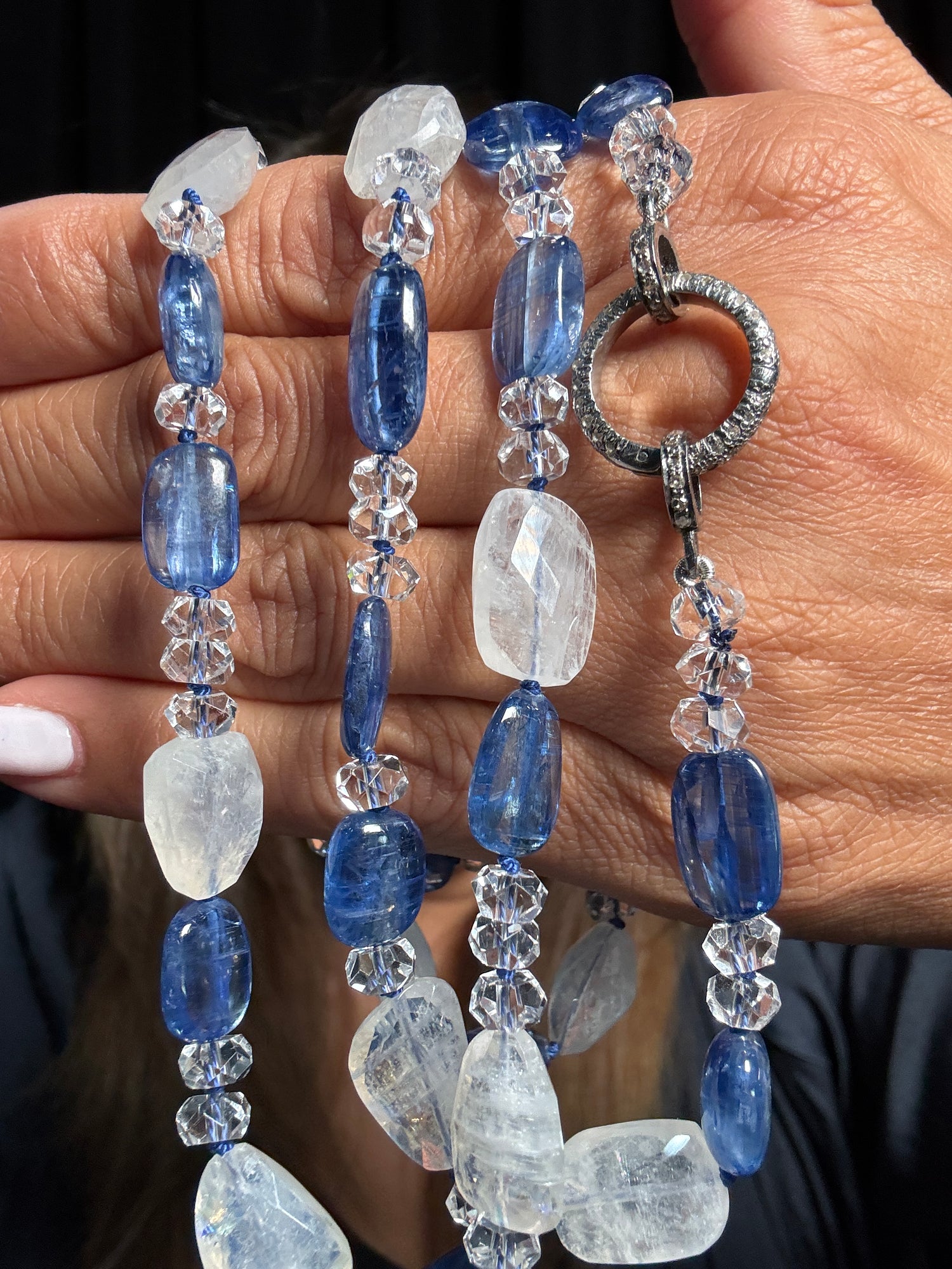 34" Kyanite, Blue Moonstone & Herkimer Necklace with Diamond Pave Silver Enhancer Clasp | Ulka Rocks