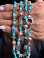 34" Gray Labradorite Turquoise Pearl Necklace | Ulka Rocks