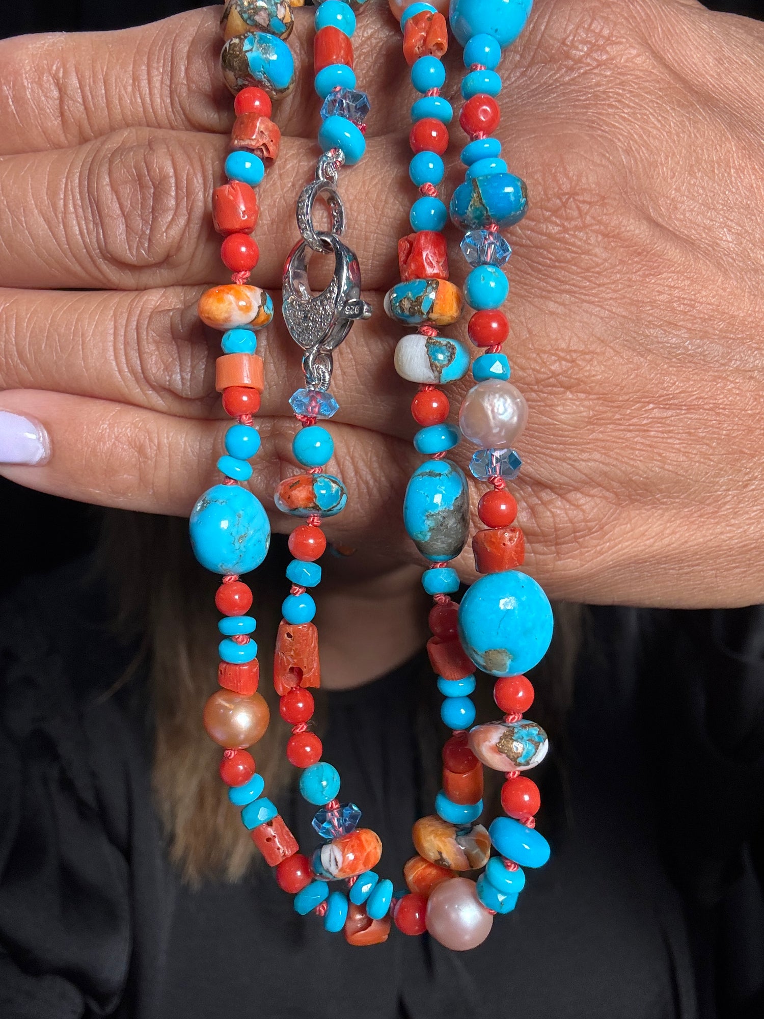 35" Turquoise, Spiny Oyster & Coral Necklace | Ulka Rocks