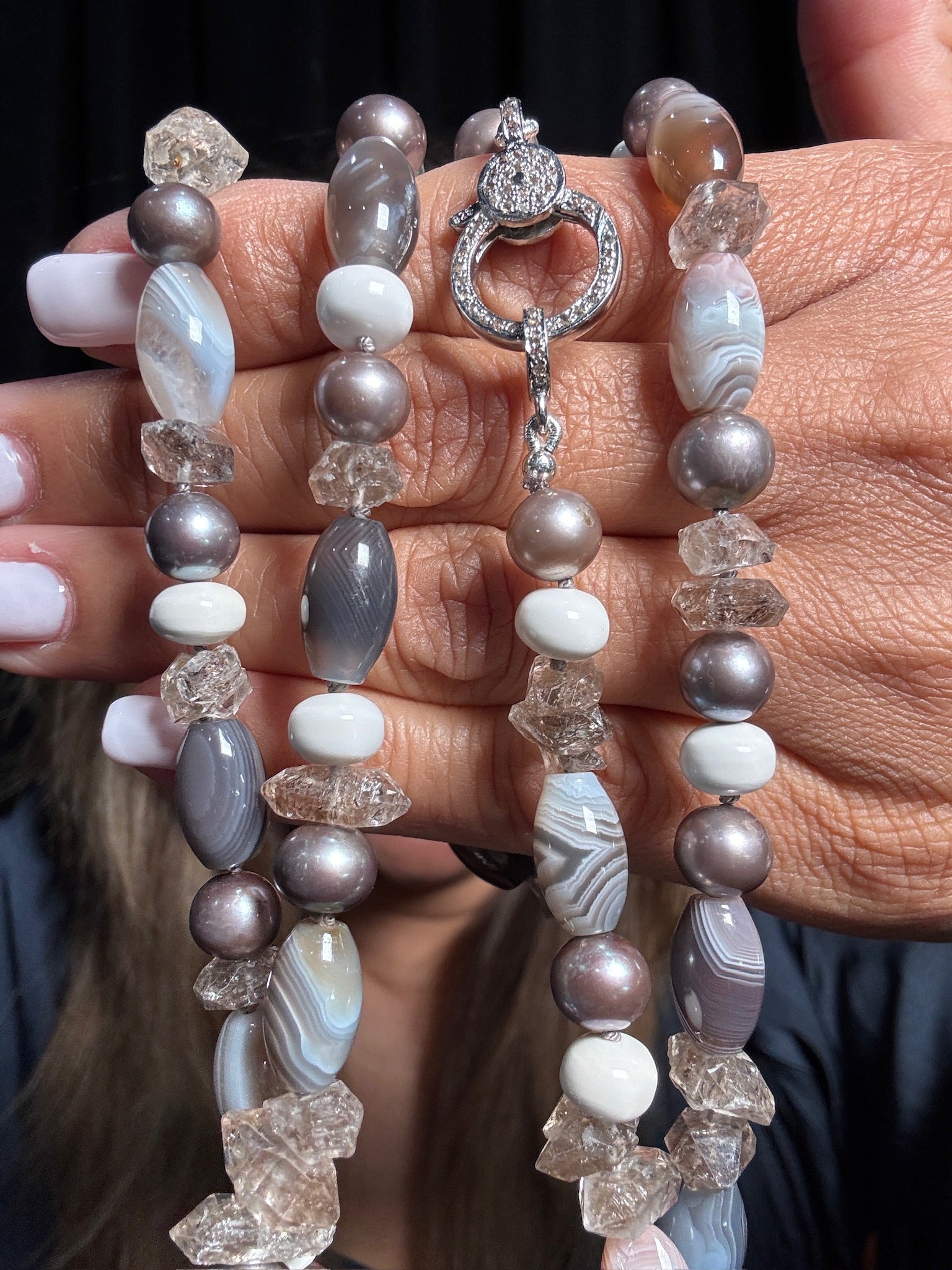 36" Pearl, Clear Agate & Herkimer Necklace | Ulka Rocks