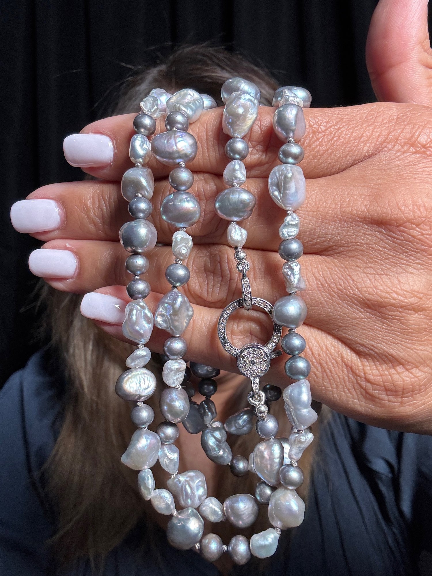 36" Gray Freshwater Gray Pearl Necklace with Pavé Diamond Silver Clasp | Ulka Rocks