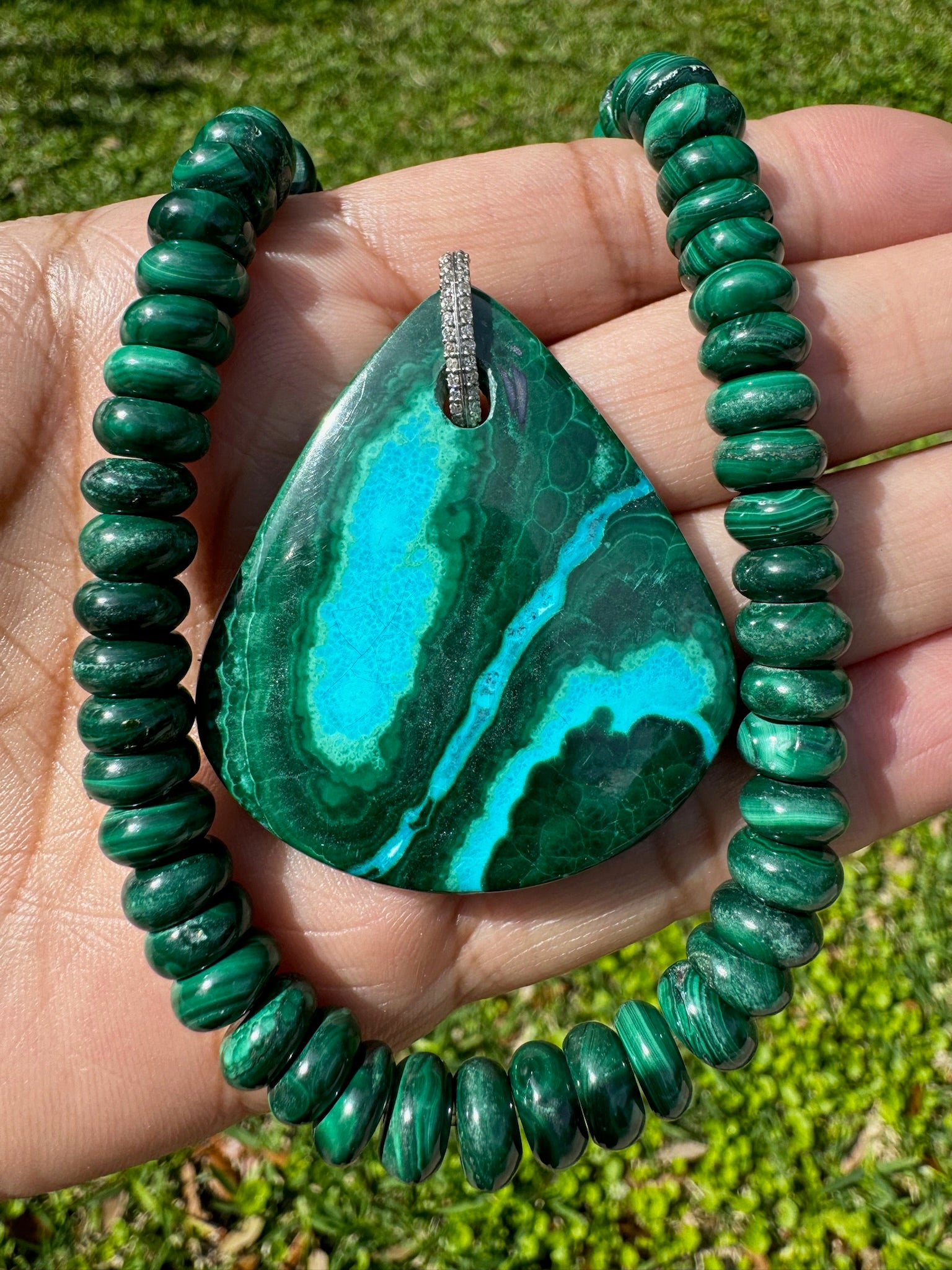 Rock Royalty: Chrysocolla Malachite Pendant with 14K Gold Diamond Bail | Ulka Rocks