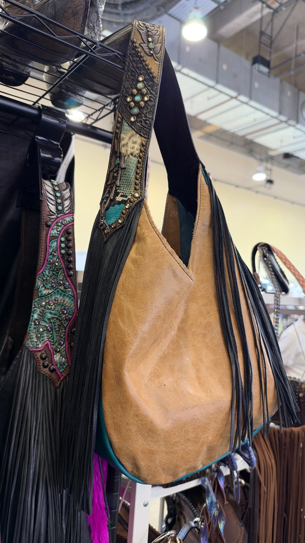Heritage Brand Marilyn bag No. 1916, tan leather side with tooled turquoise and snakeskin strap