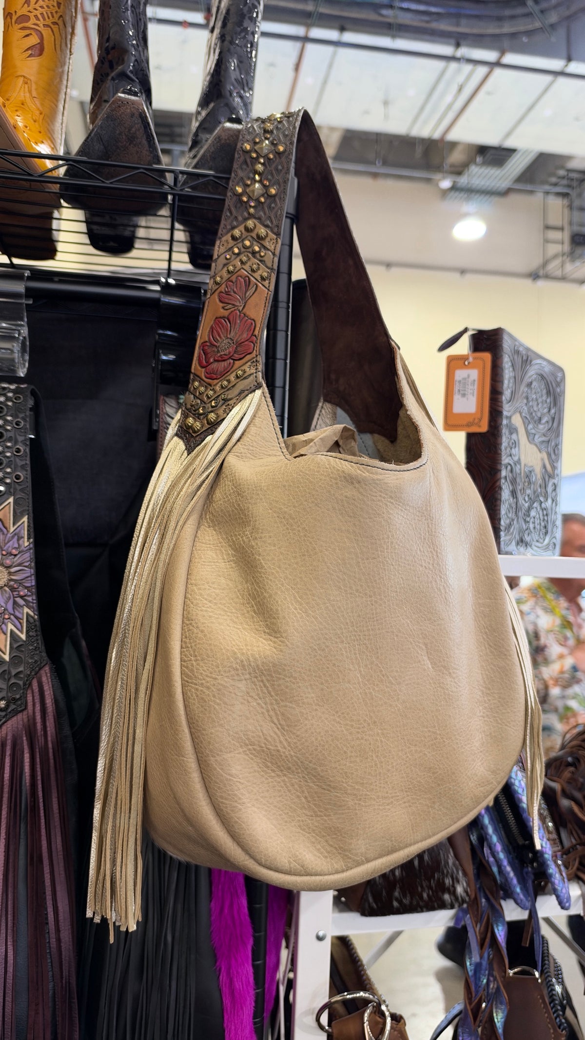 Heritage Brand bag and wallet set, bone leather bag with champagne fringe and red poppy strap