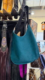 Heritage Brand Marilyn bag No. 1916, teal hair-on-hide side with black fringe
