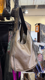 Heritage Brand Marilyn bag No. 1370, pewter metallic leather with grey fringe and tooled strap