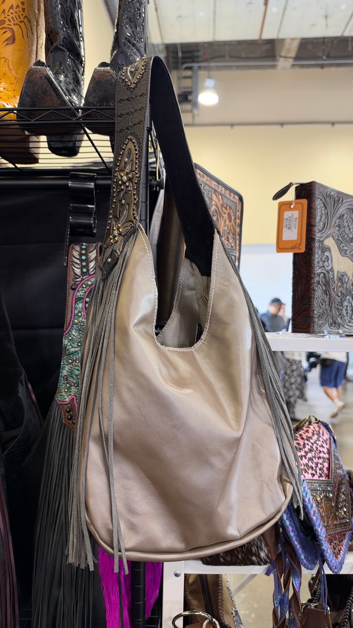 Heritage Brand Marilyn bag No. 1370, pewter metallic leather with grey fringe and tooled strap