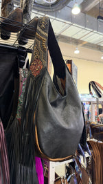 Heritage Brand bag No. 3054, black pebbled leather side with bronze base