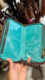 Heritage Brand wallet interior, turquoise leather with card slots and zip pocket