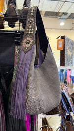 Heritage Brand Marilyn bag No. 1549, grey speckled leather with lavender fringe and studded tooled strap