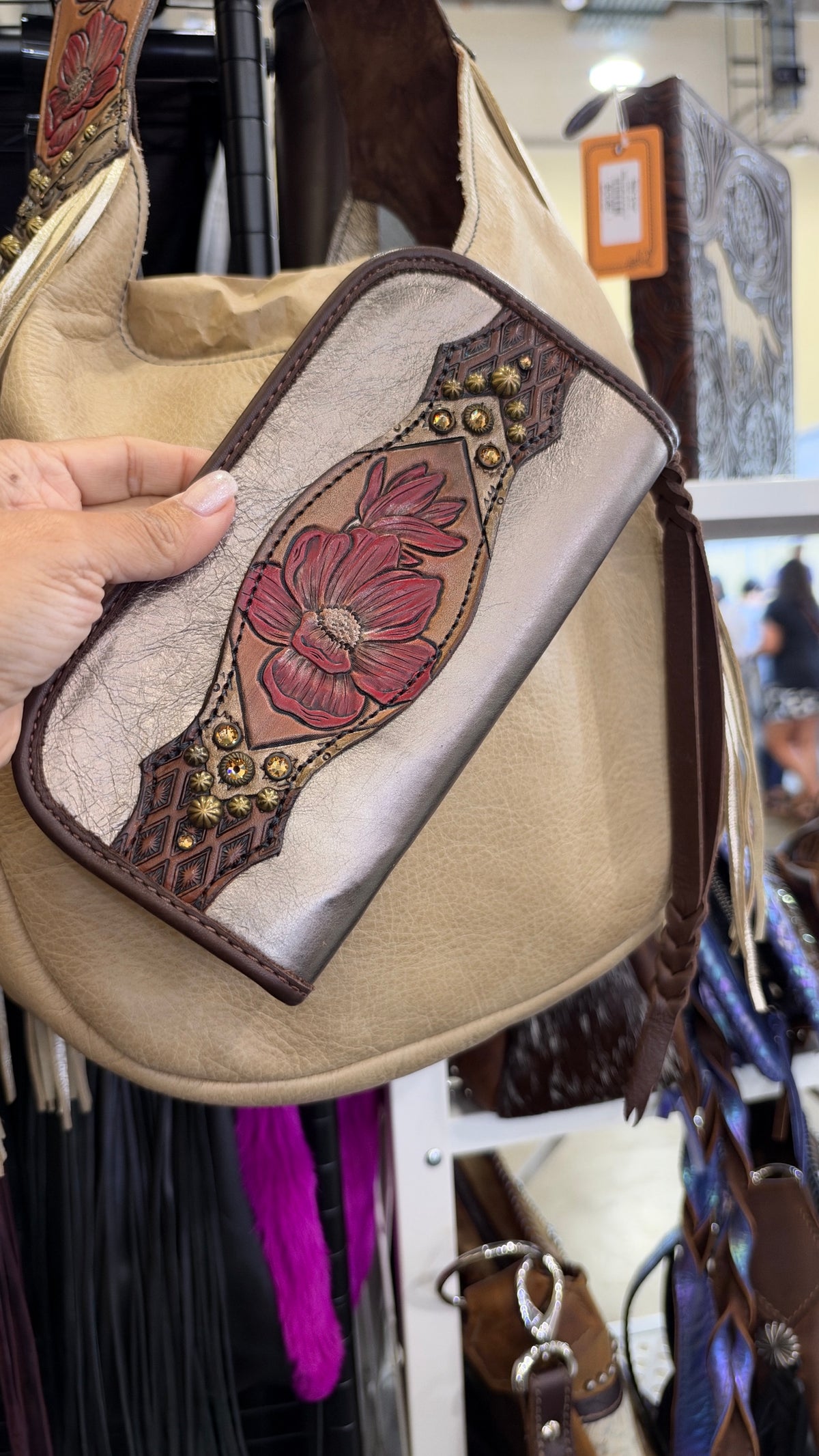 Heritage Brand matching wallet, pewter metallic with red poppy tooled panel