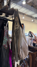 Heritage Brand Marilyn bag No. 1370, tooled strap with gold crystal flowers and grey fringe
