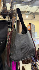 Heritage Brand purse, grey lizard embossed leather with wine fringe and tooled purple flower strap
