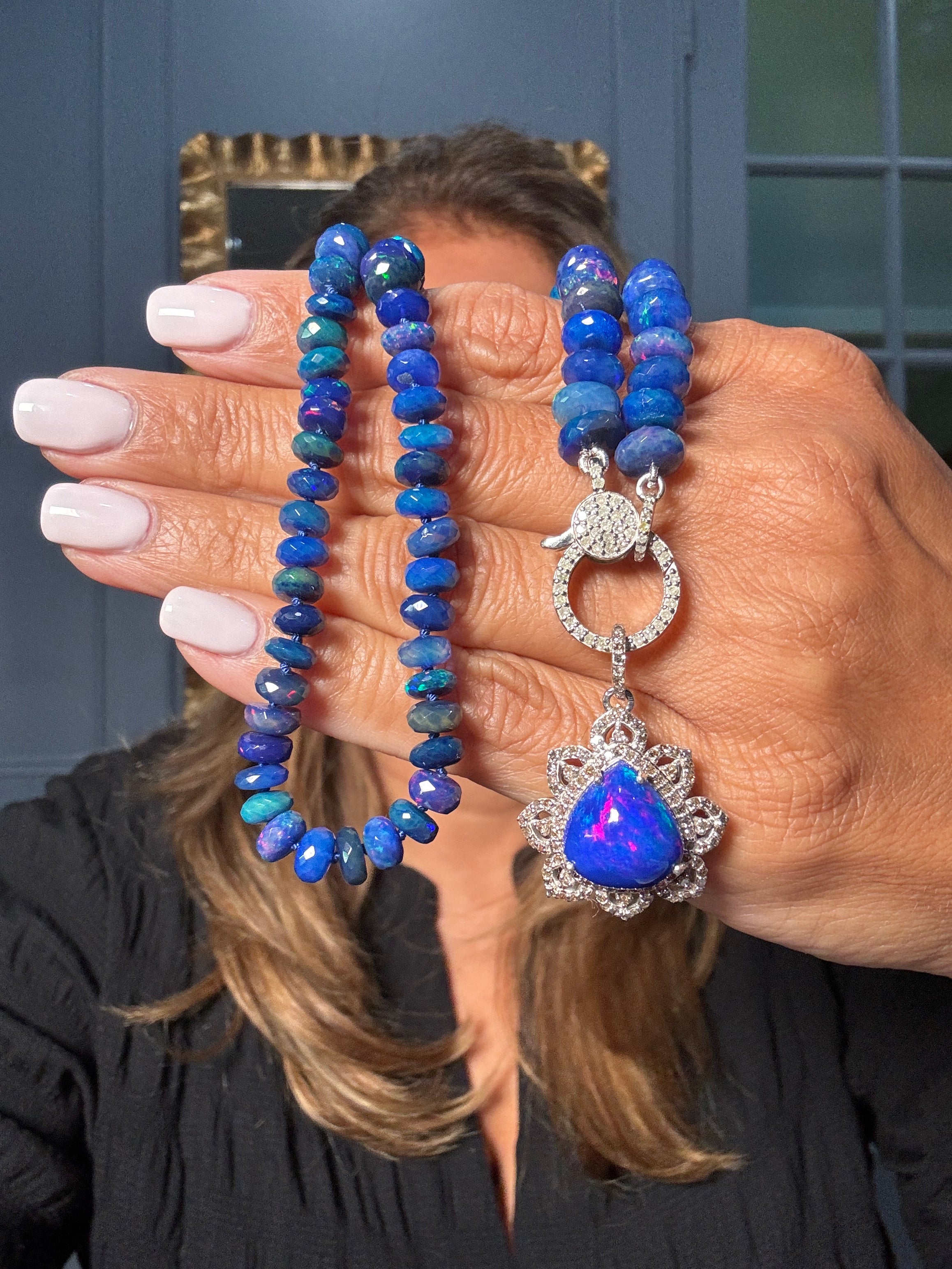 Faceted blue opal necklace paired with a vivid blue opal pendant in a sterling silver floral setting with diamonds. One-of-a-kind Ulka Rocks design.