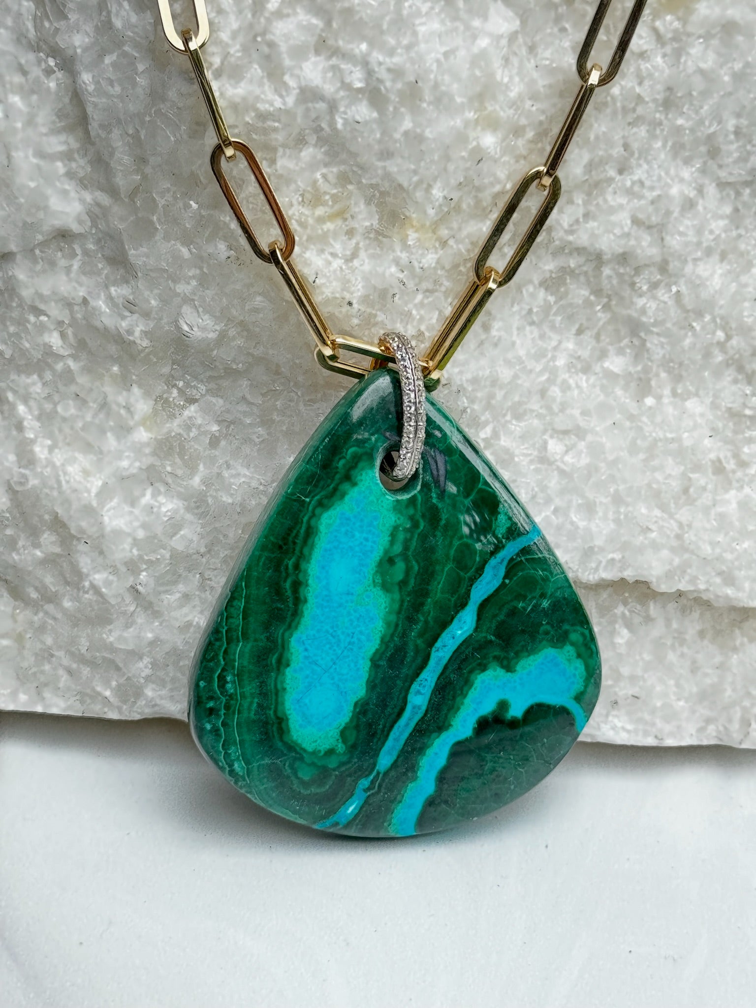 Rock Royalty: Chrysocolla Malachite Pendant with 14K Gold Diamond Bail | Ulka Rocks