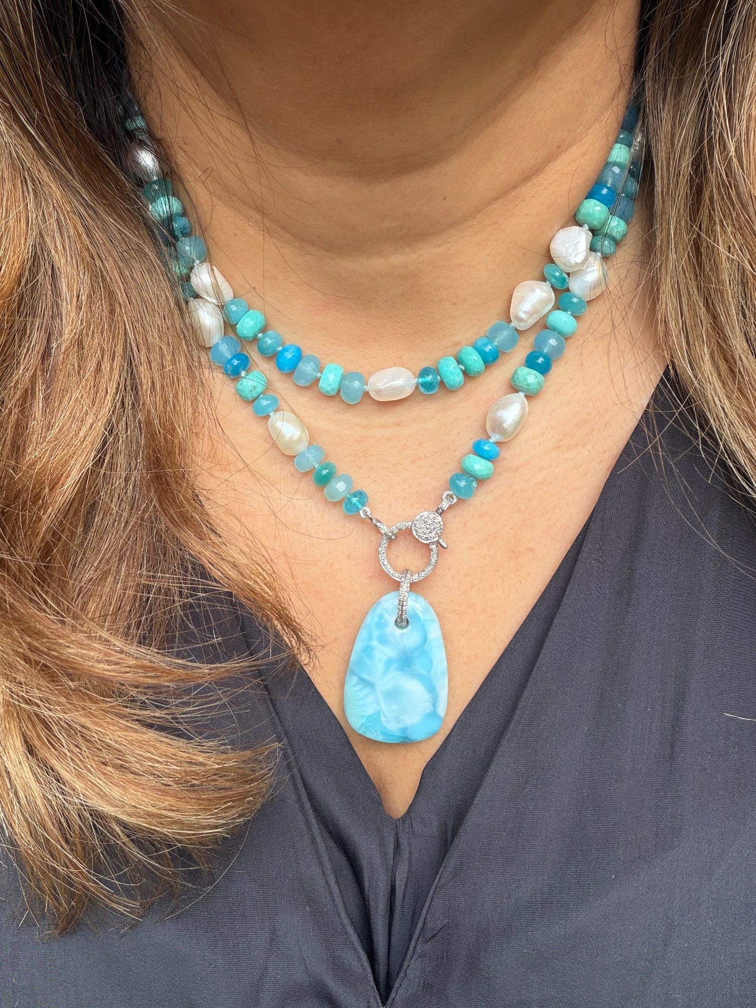 36" Blue Topaz, Turquoise & Pearl Necklace | Ocean-Inspired Layers | Feel Cool and Collected