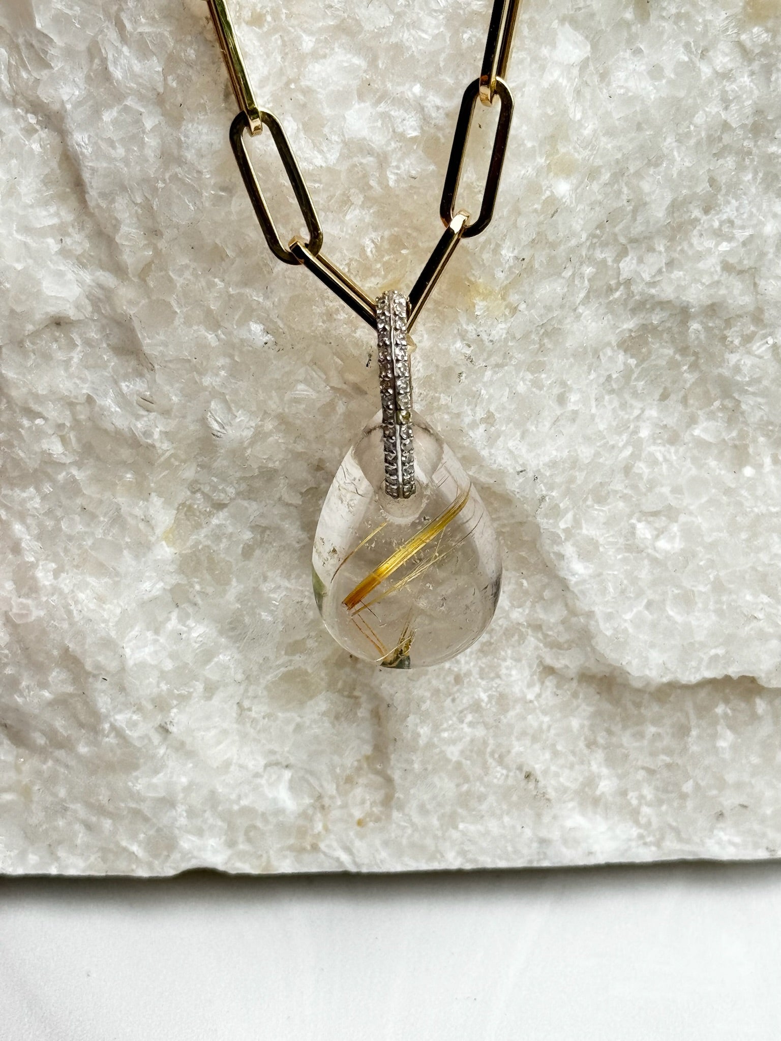 Rock Royalty: Golden Rutile Quartz Pendant with 14K Gold Diamond Bail | Ulka Rocks