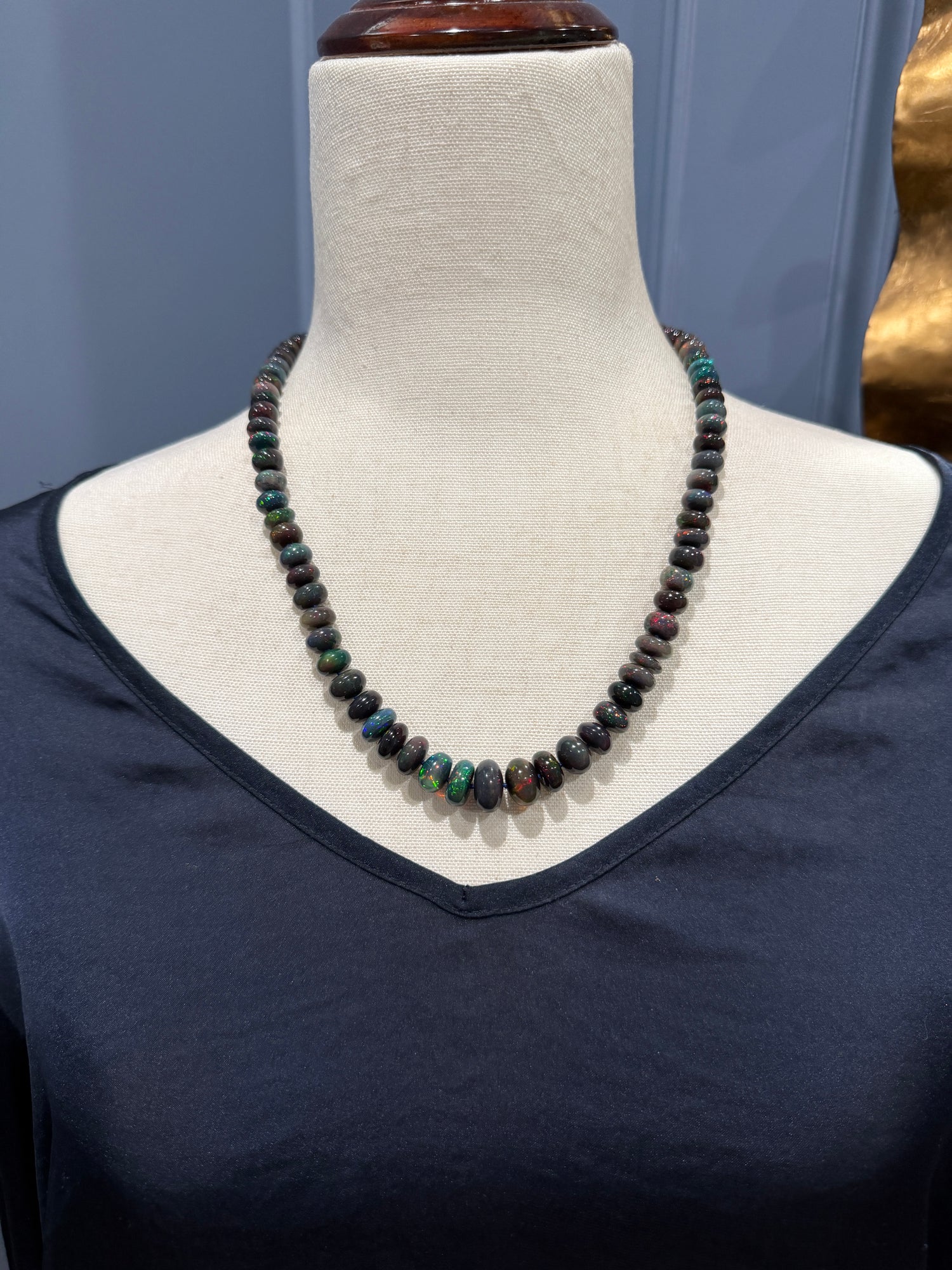 20-21" Australian Black Opal Bead Necklace, 14K Gold Handcuff Clasp | One-of-a-Kind | Feel Magical