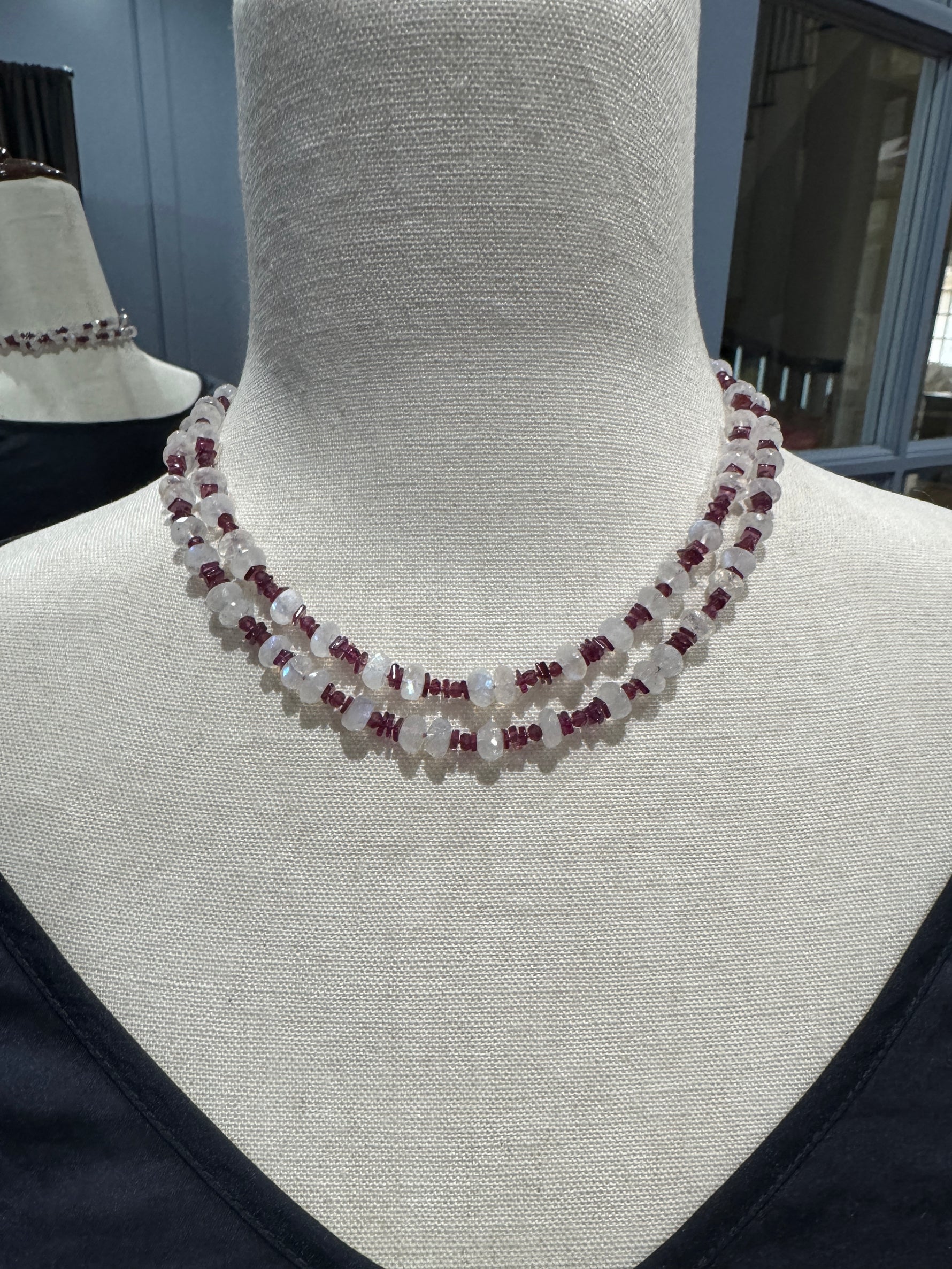 34" Rhodolite Red Garnet & Moonstone Necklace | Ulka Rocks