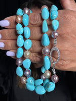 35" Sonoran Turquoise & Edison Pink Pearl Necklace | Ulka Rocks