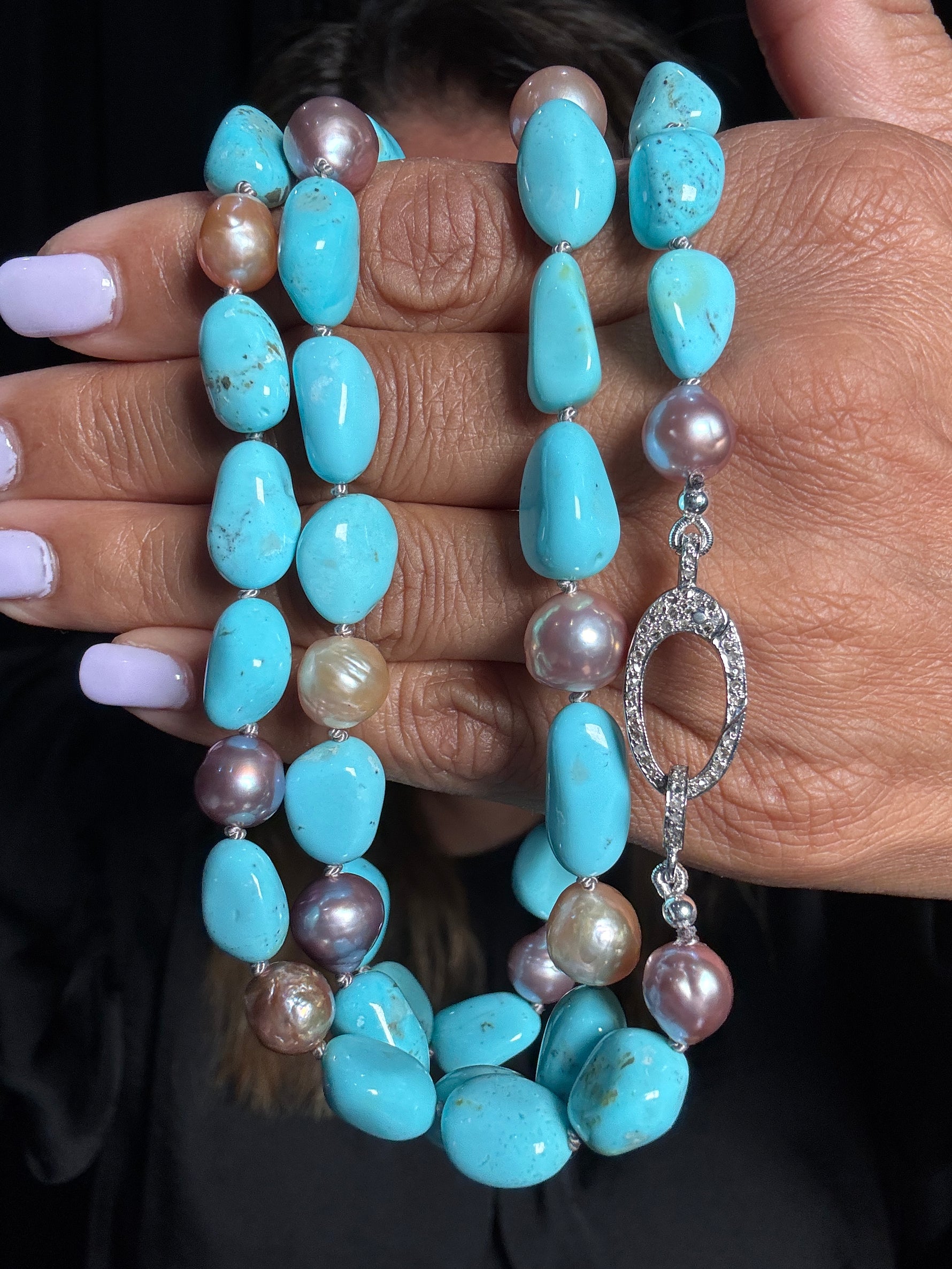 35" Sonoran Turquoise & Edison Pink Pearl Necklace | Ulka Rocks