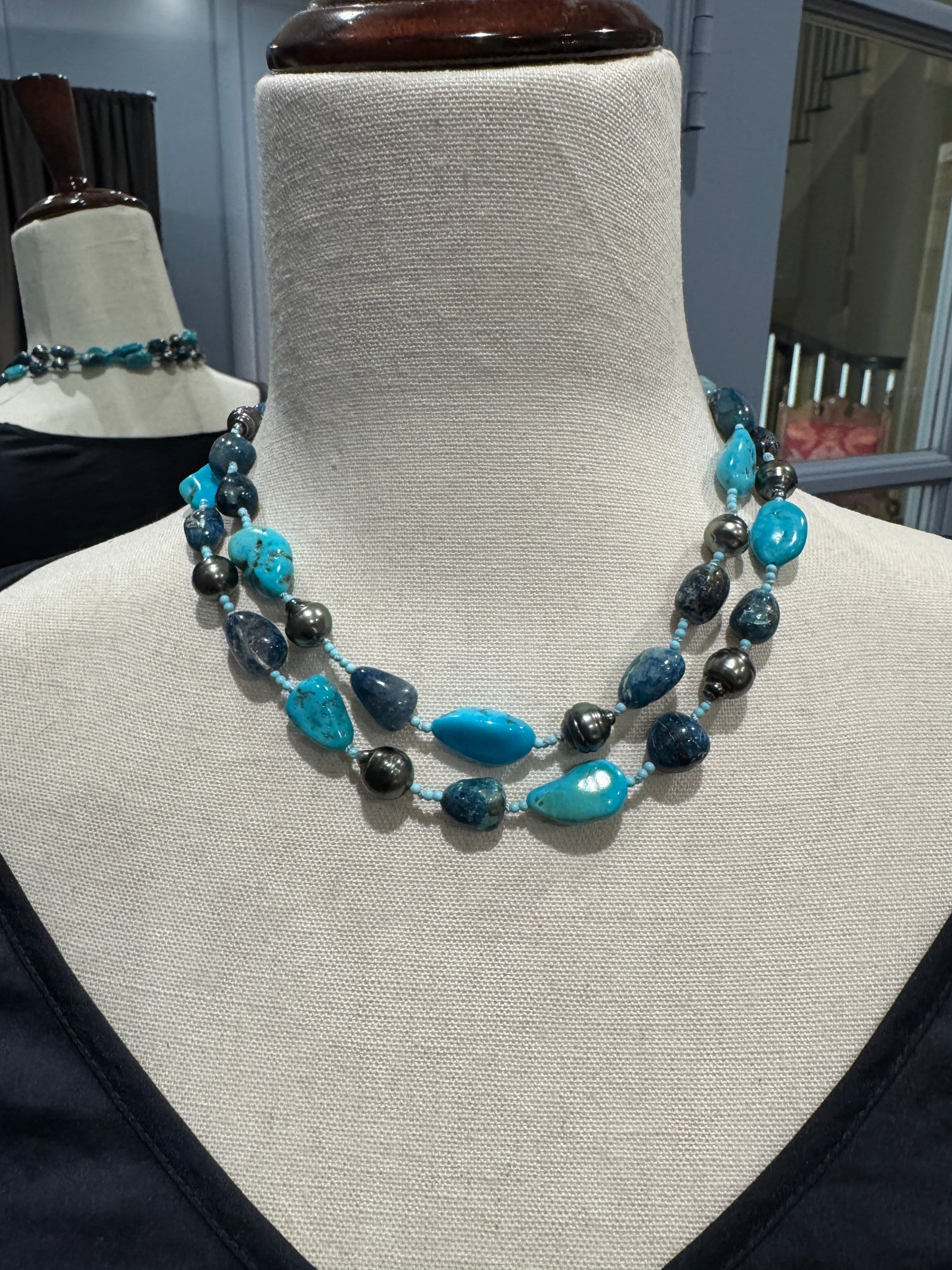 35" Tahitian Gray Pearl & Blue Gemstone Necklace | Ulka Rocks