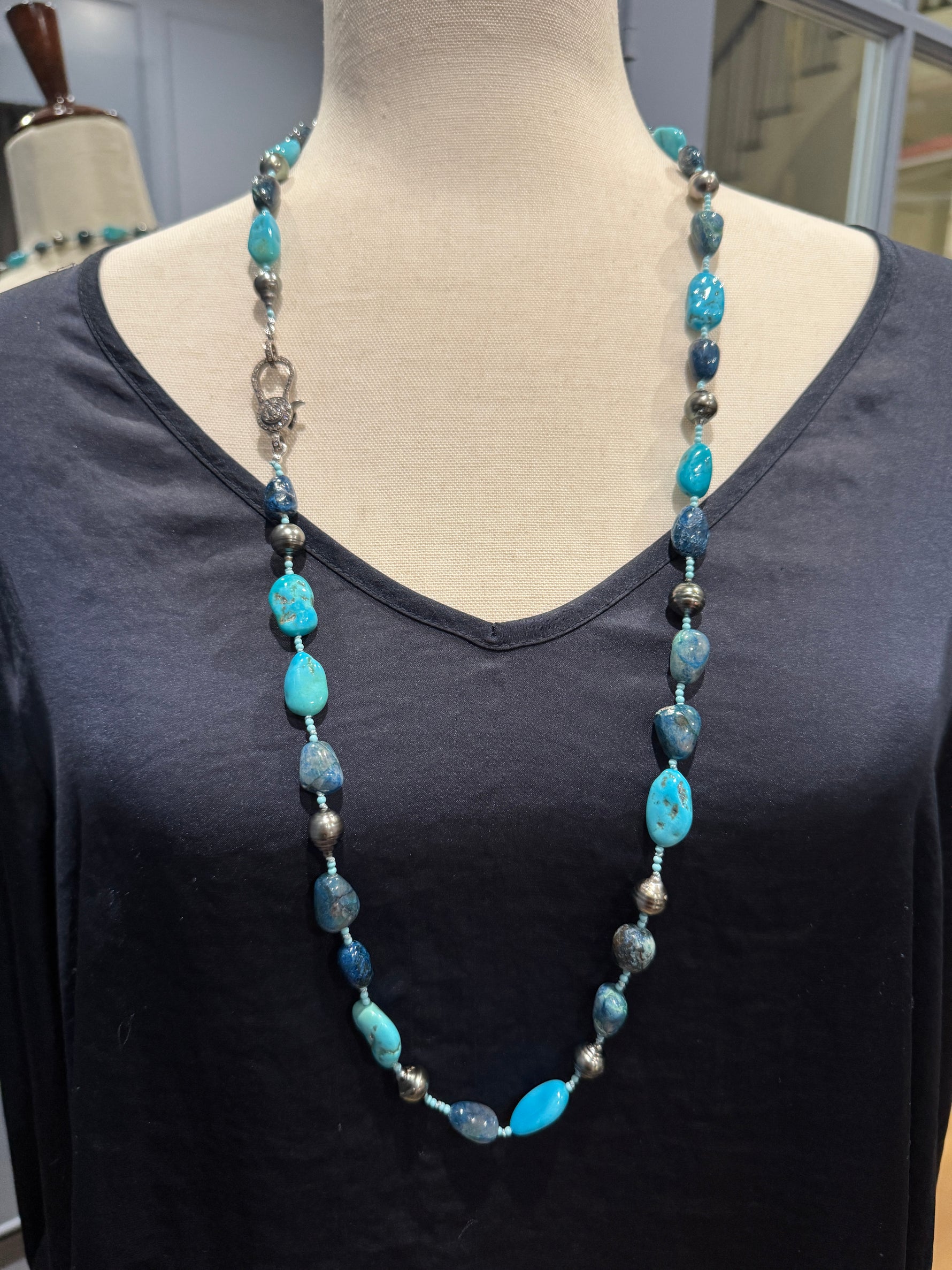 35" Tahitian Gray Pearl & Blue Gemstone Necklace | Ulka Rocks