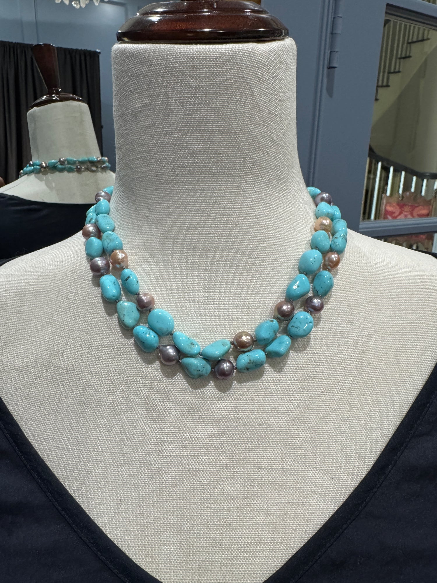 35" Sonoran Turquoise & Edison Pink Pearl Necklace | Ulka Rocks