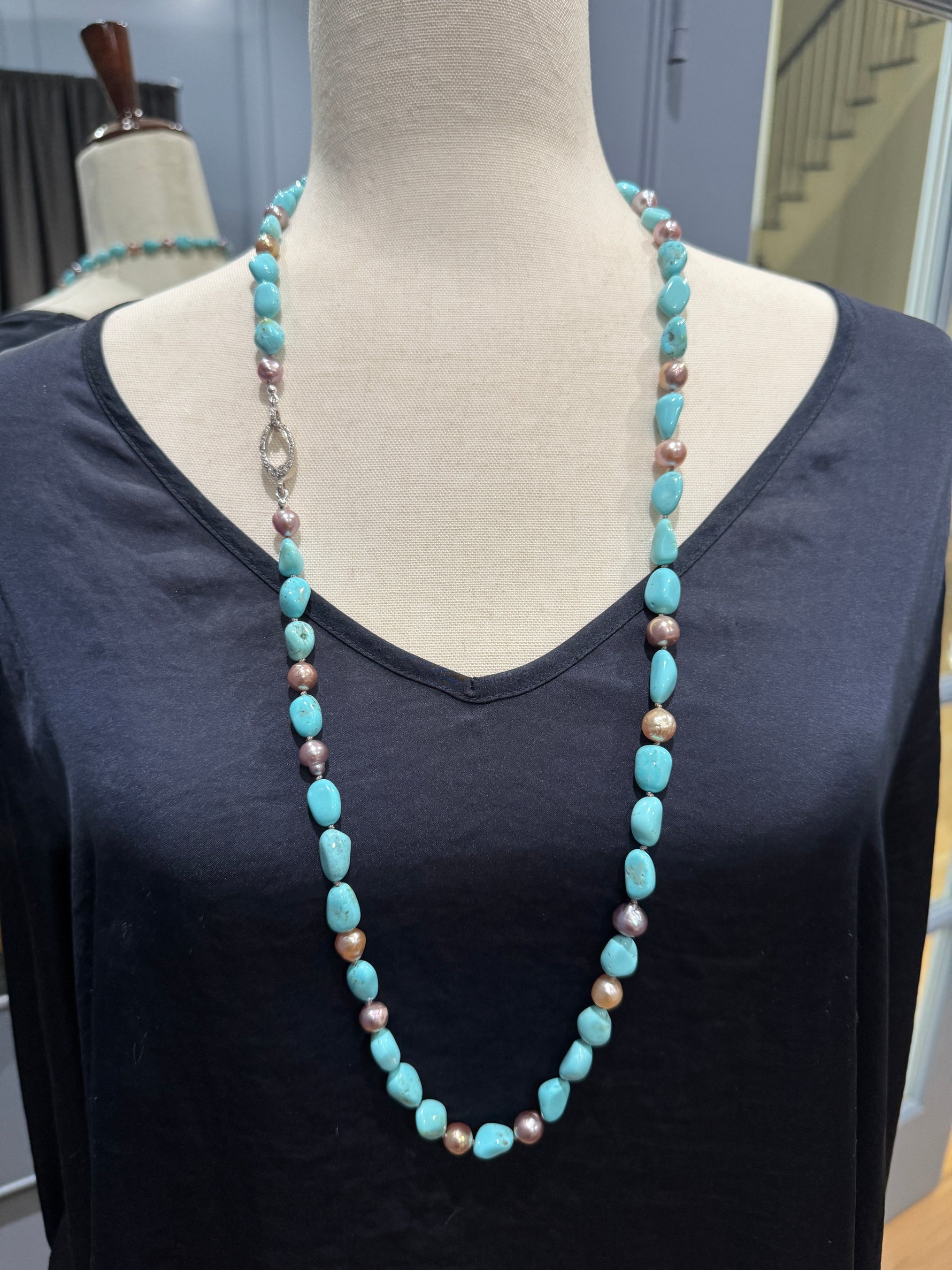 35" Sonoran Turquoise & Edison Pink Pearl Necklace | Ulka Rocks