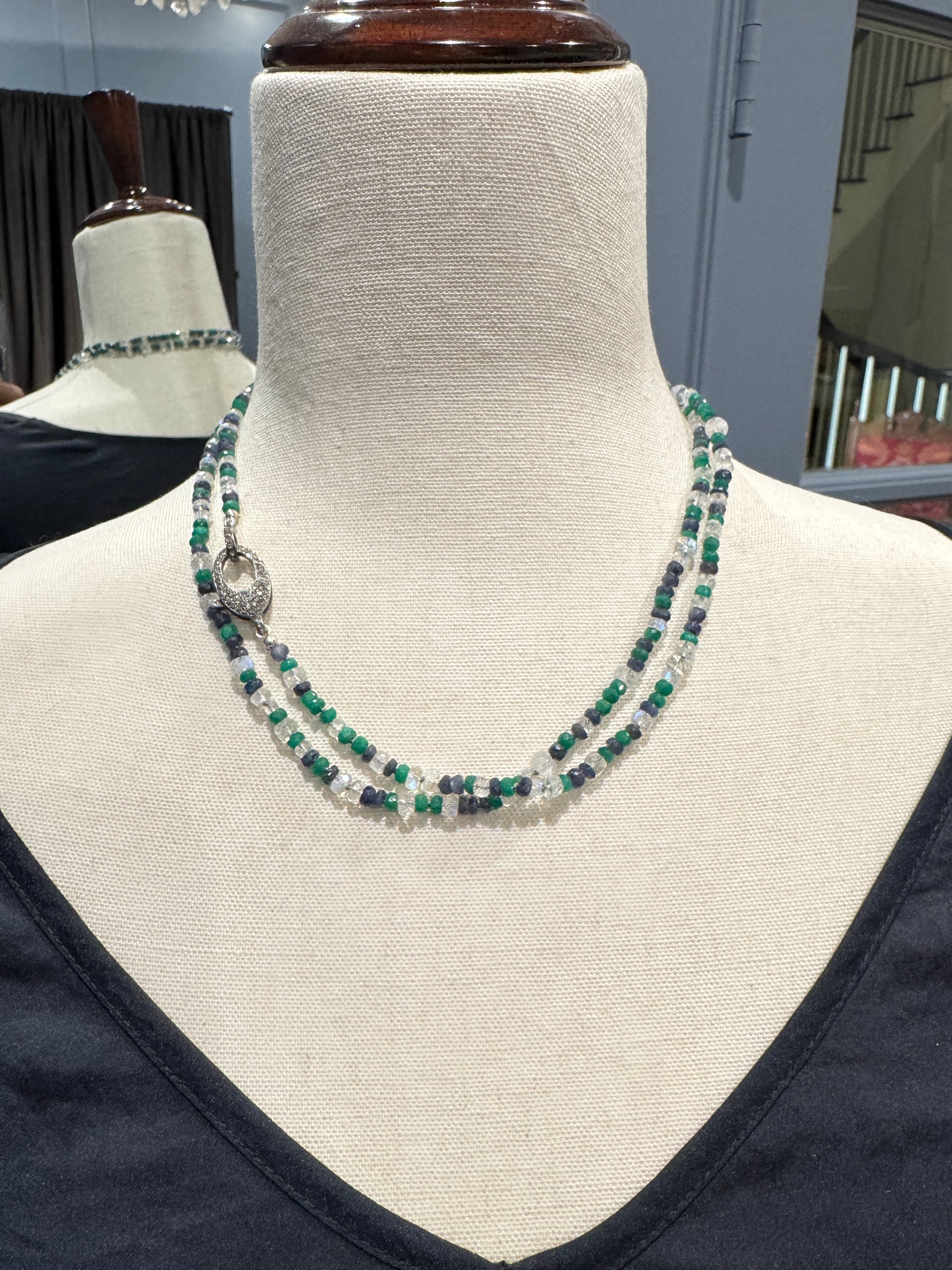 37" Clear Moonstone, Green Onyx & Blue Sapphire Necklace | Ulka Rocks
