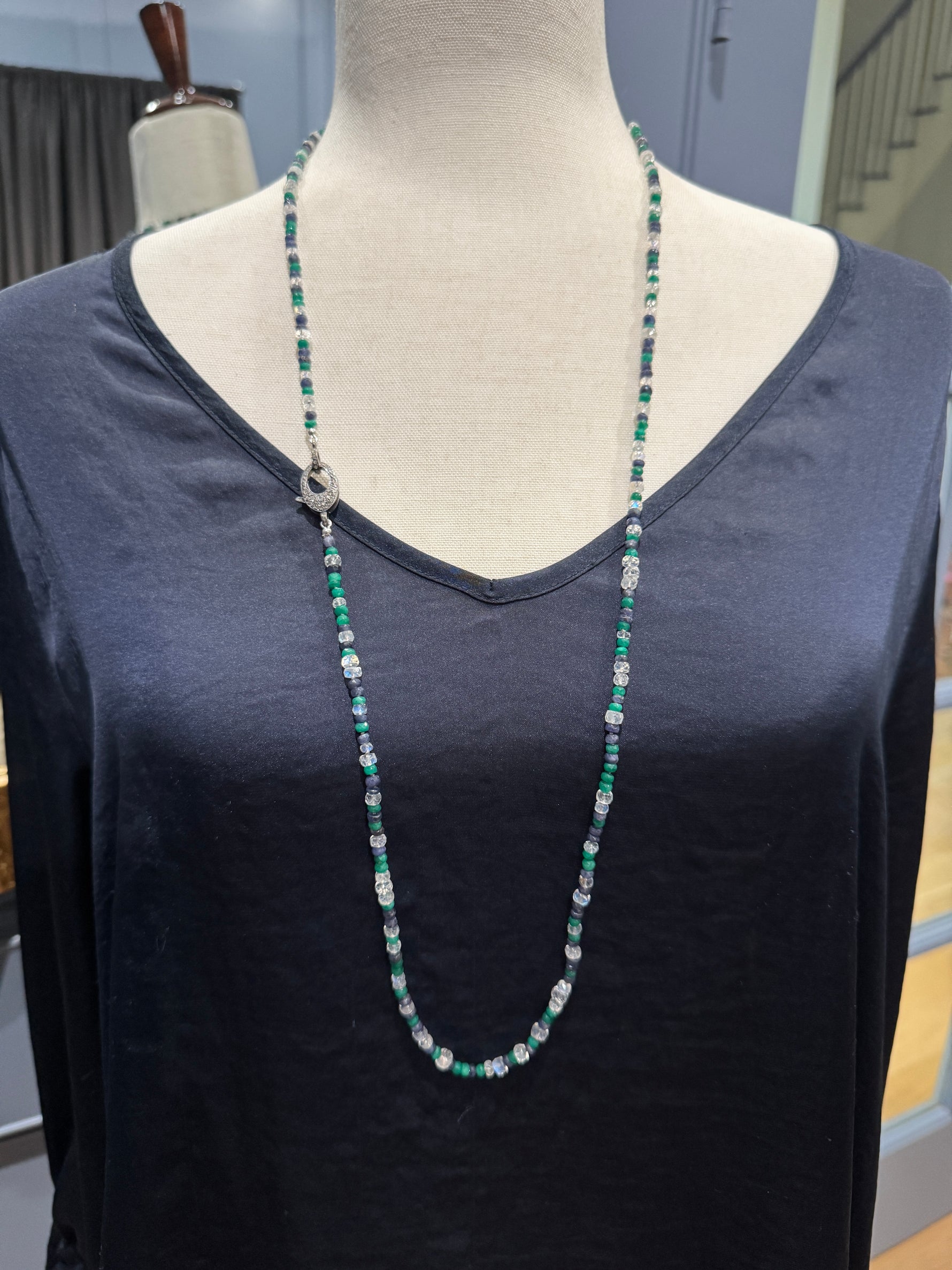 37" Clear Moonstone, Green Onyx & Blue Sapphire Necklace | Ulka Rocks