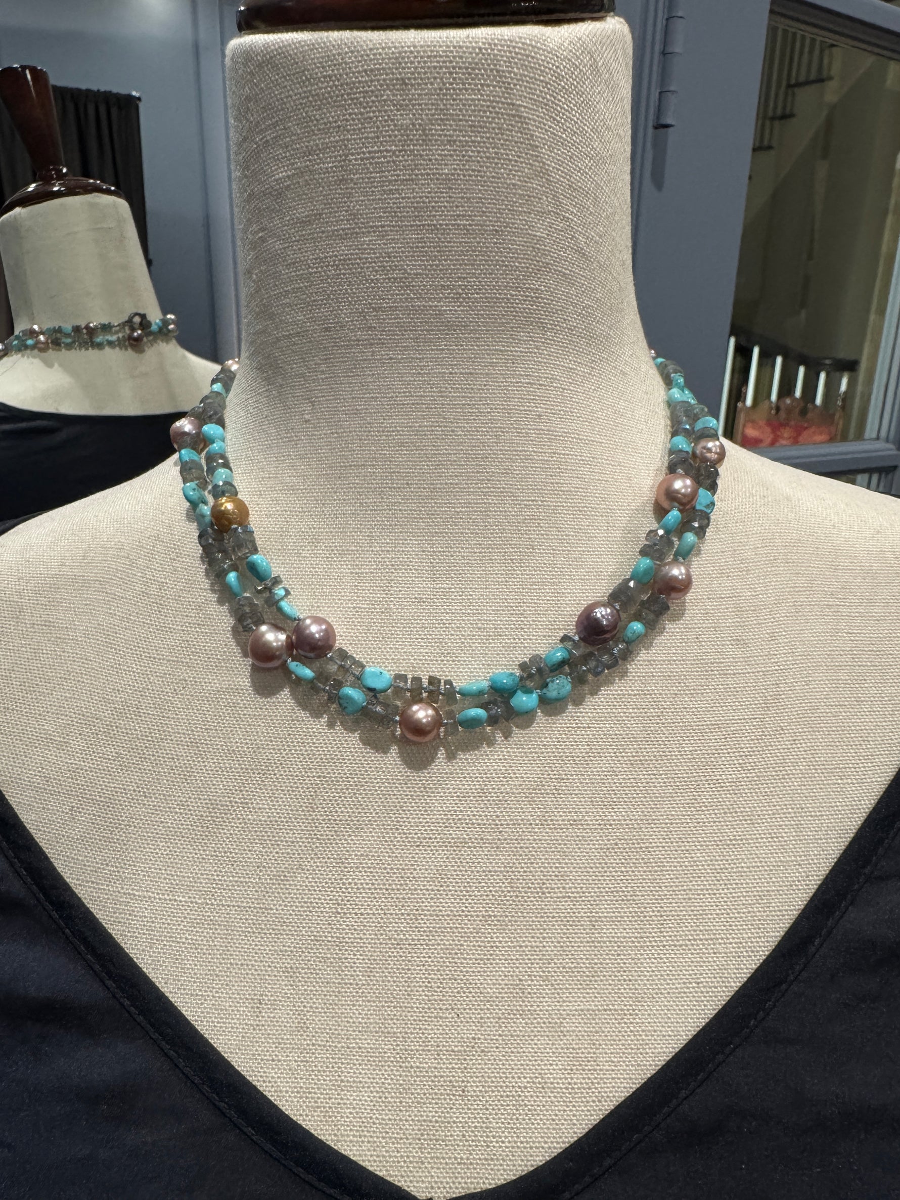 34" Gray Labradorite Turquoise Pearl Necklace | Ulka Rocks