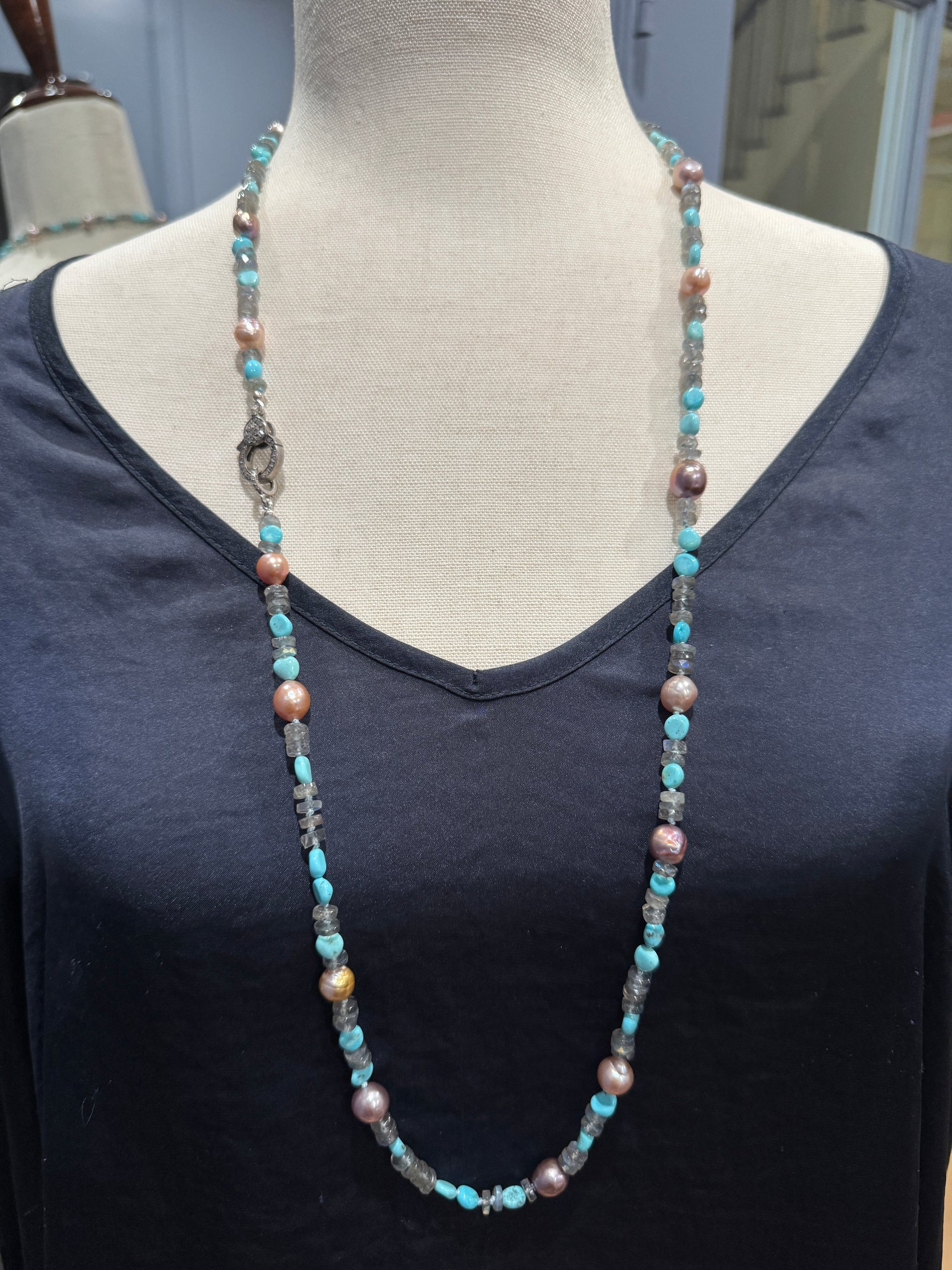 34" Gray Labradorite Turquoise Pearl Necklace | Ulka Rocks