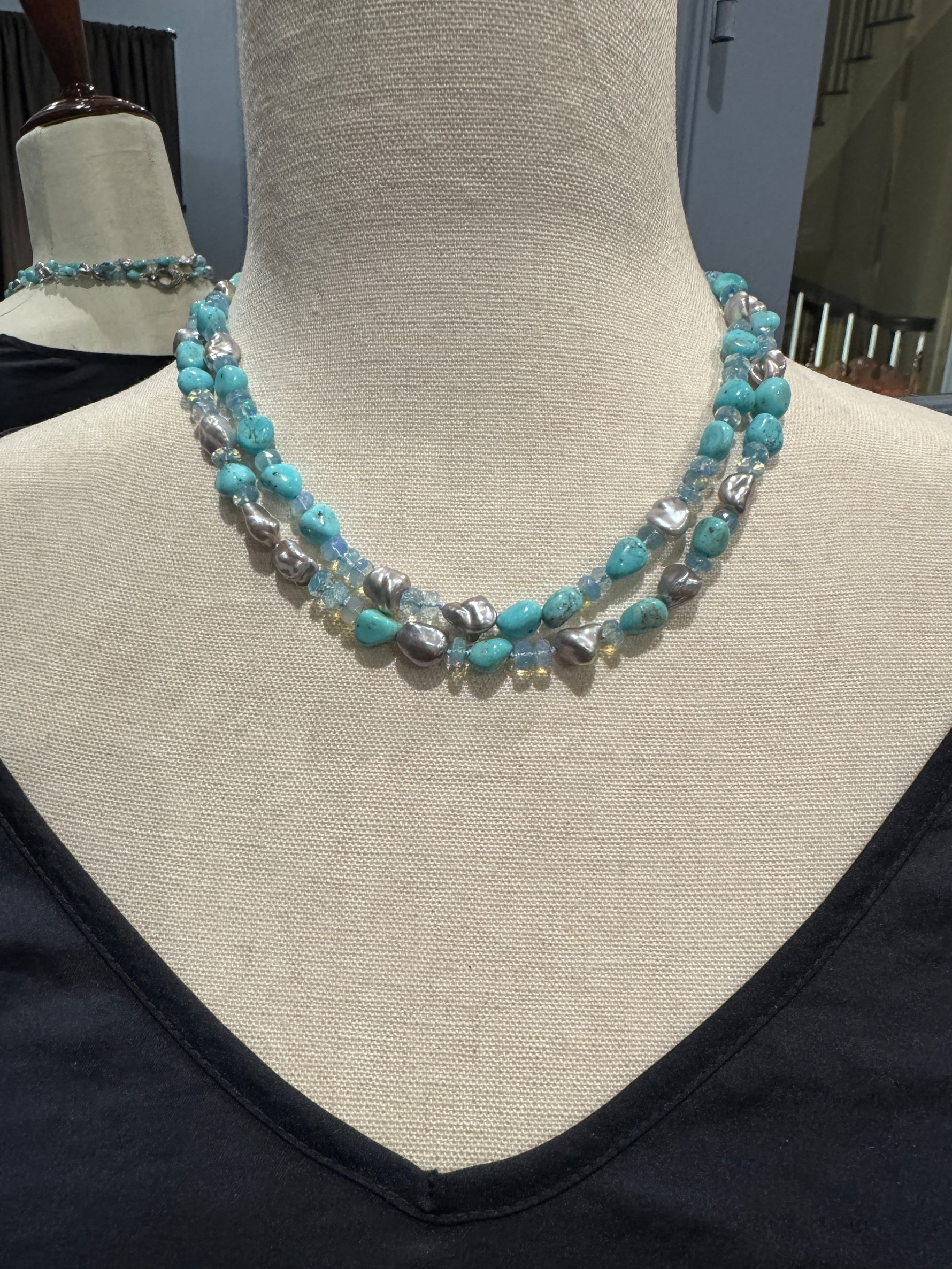 35" Sonoran Turquoise Blue Blue Opal White Keshi Pearl Necklace | Ulka Rocks