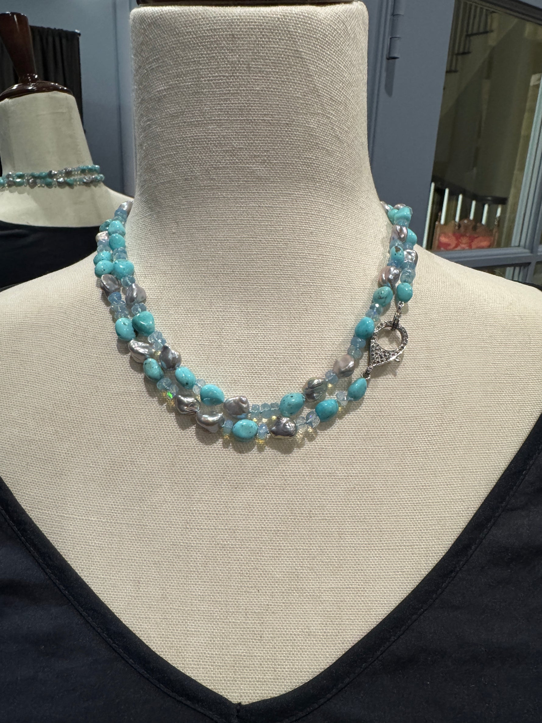 35" Sonoran Turquoise Blue Blue Opal White Keshi Pearl Necklace | Ulka Rocks