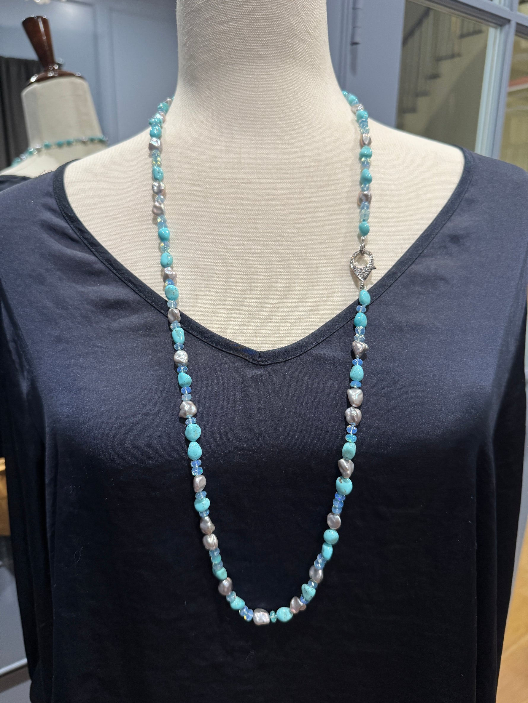 35" Sonoran Turquoise Blue Blue Opal White Keshi Pearl Necklace | Ulka Rocks